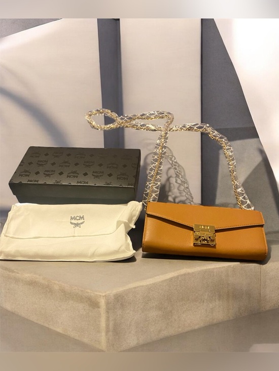 MCM Handbags - MCM Cognac Leather Envelope Crossbody Flap Wallet with Gold Chain